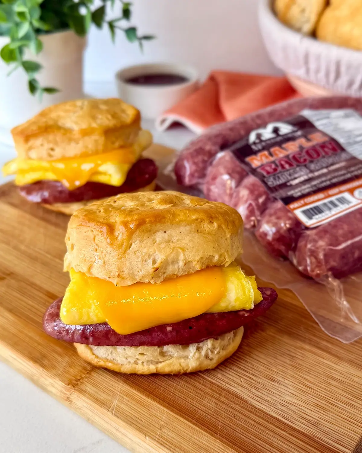 Sausage biscuit breakfast sandwich made with Mountain View's Maple Bacon breakfast sausage