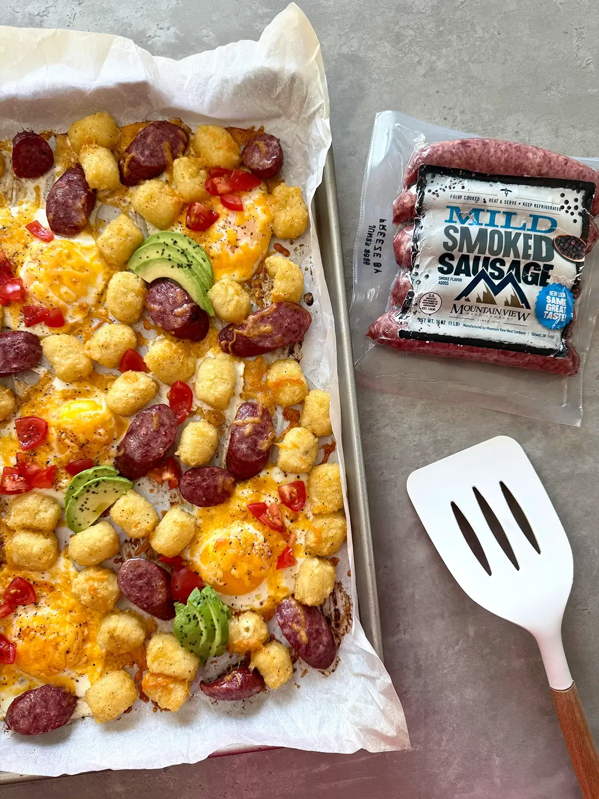 One pan sausage breakfast bake using Mountain View mild sausage